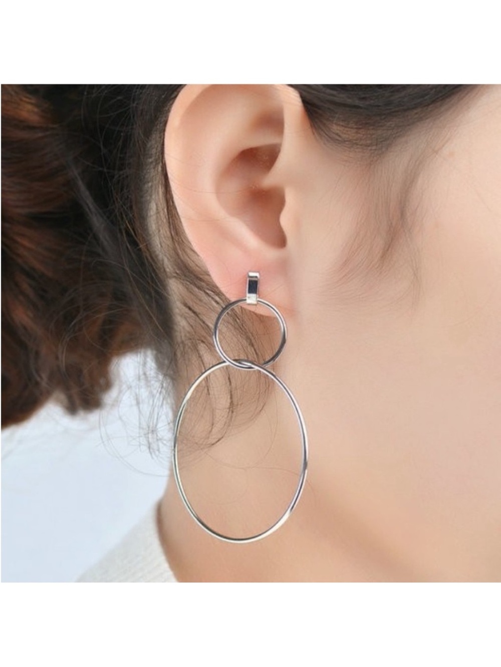 BOUTIQUE Silver Double Hoop Dangle Drop Statement Earrings - Picture 3 of 4